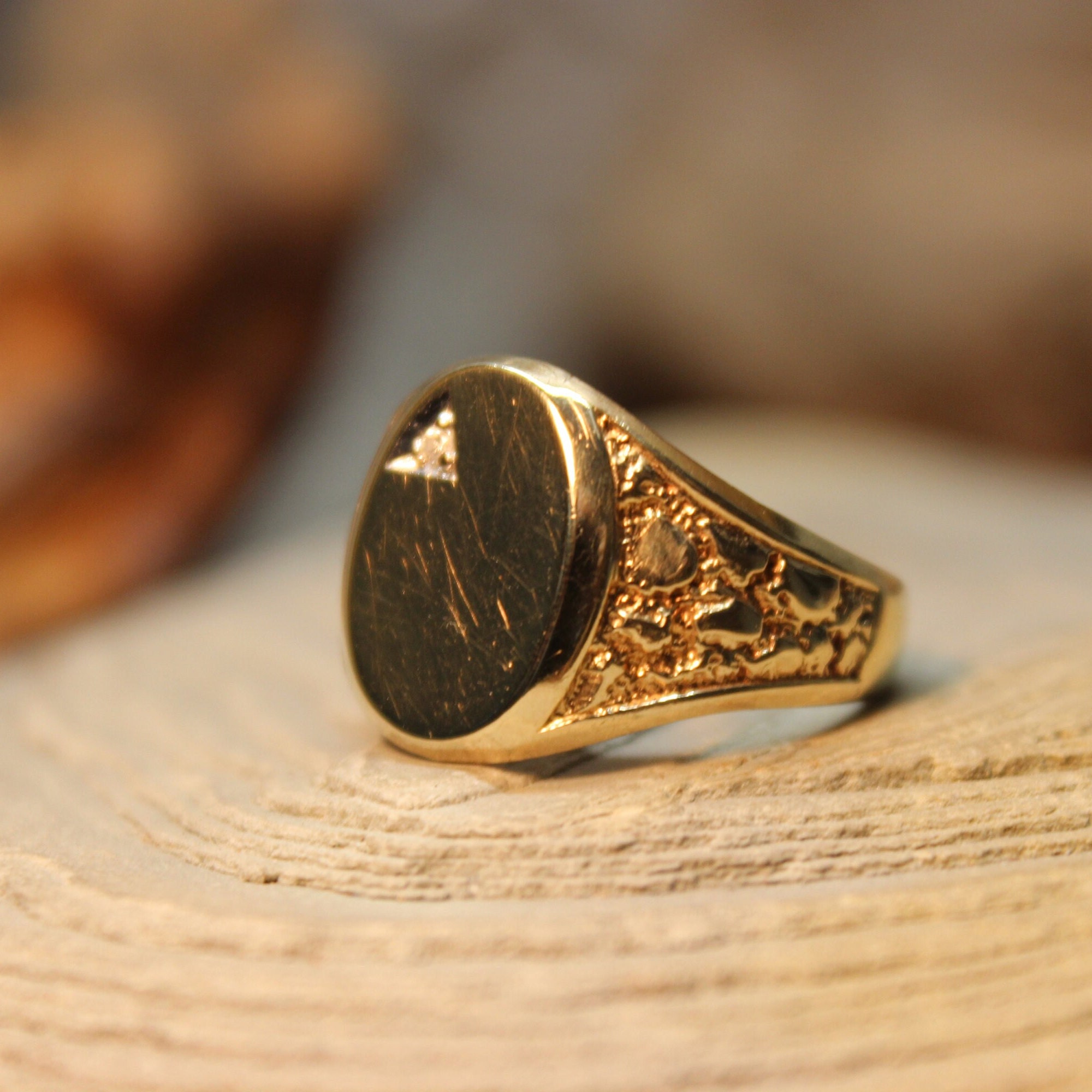 1990's Vintage Mens Engravable Gold Diamond Ring 10K Solid Gold Mens