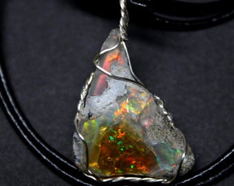 Large Natural Ethiopian Welo Fire Opal 15.5Ct Welo Ethiopia Untreated Black Fire Opal Pendant Necklace Large Earth Mined Ethiopian Fire Opal