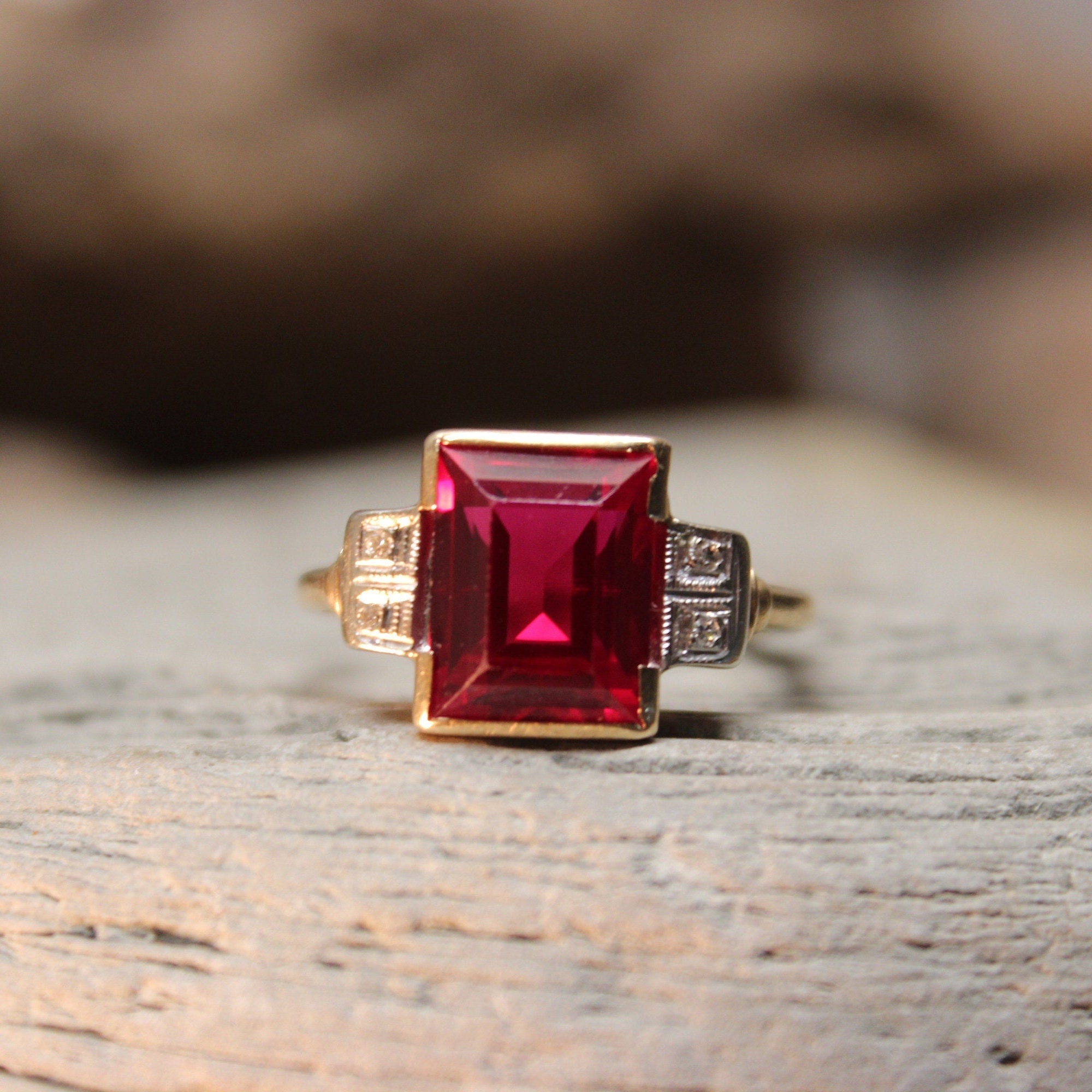 1930s Vintage Solid Gold Ruby Diamond Ring 10K Gold Ruby Deco Ring 3.1 ...