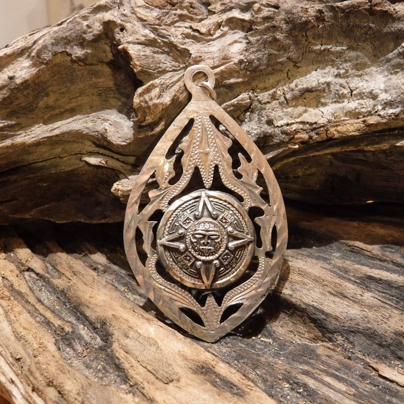 Large Aztec Sun Pendant Sterling Silver Calendar Image 0