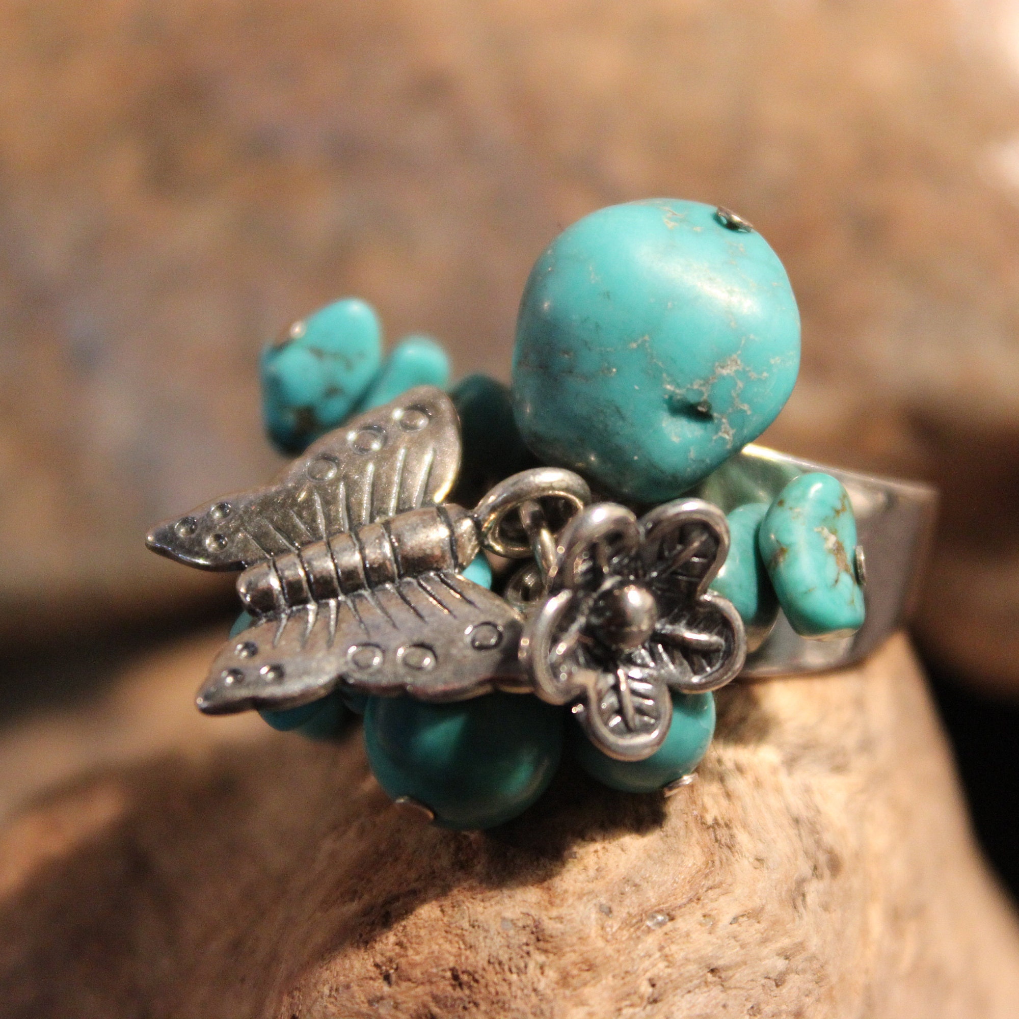 Vintage Turquoise Butterfly Silver Ring Size 7 Weight 10.3 Grams