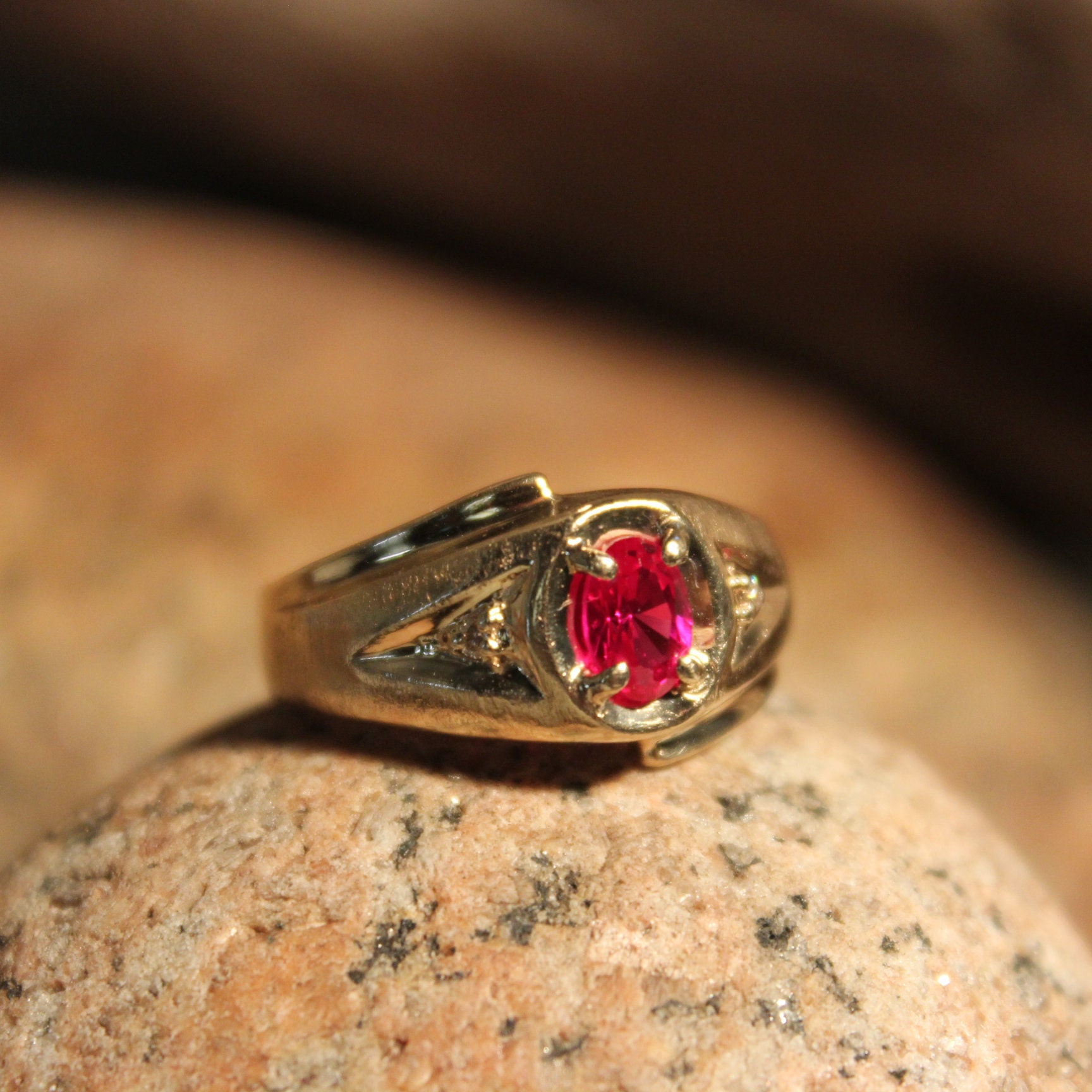 1980's Mens Ruby Diamond Ring Mens 10K Yellow Gold Diamond