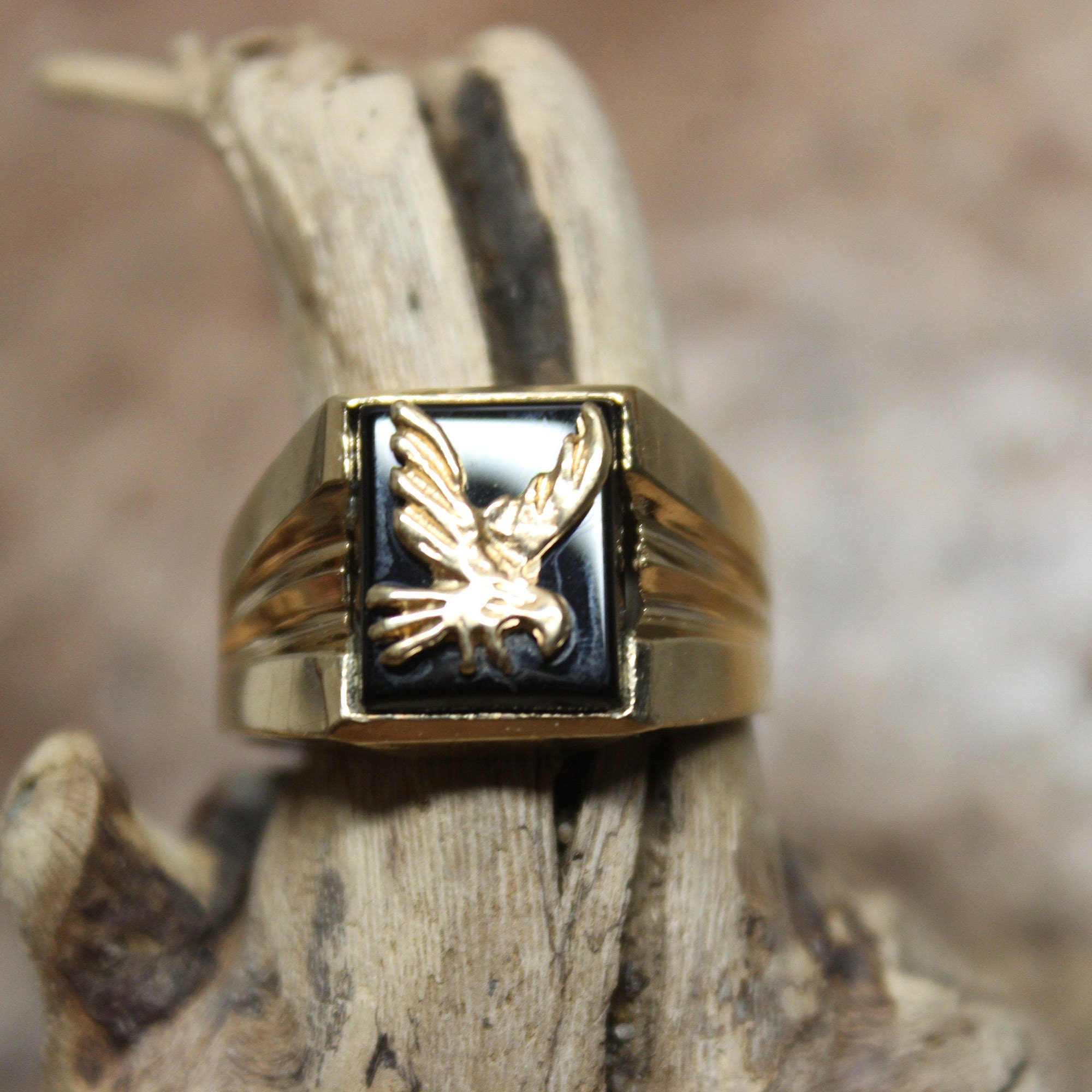 thumbnail image 2 of Men's Stainless Steel Gold Plated Eagle Ring With Black Onyx - Sizes 8-13 2 of 6
