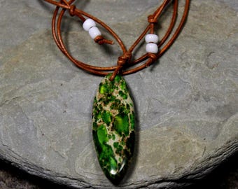 Hand Carved Green Jasper Sea Sediment Pendant Necklace Large Natural Stone Pendant Jasper Pendant Necklace Jasper Pendant with glass beads