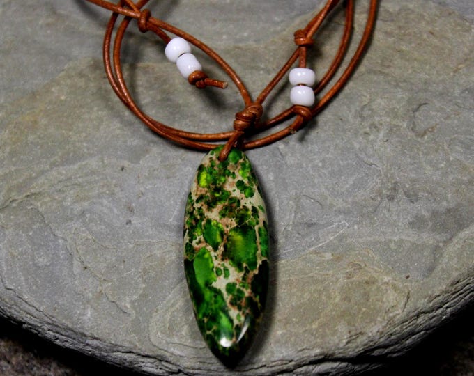 Hand Carved Green Jasper Sea Sediment Pendant Necklace Large Natural Stone Pendant Jasper Pendant Necklace Jasper Pendant with glass beads