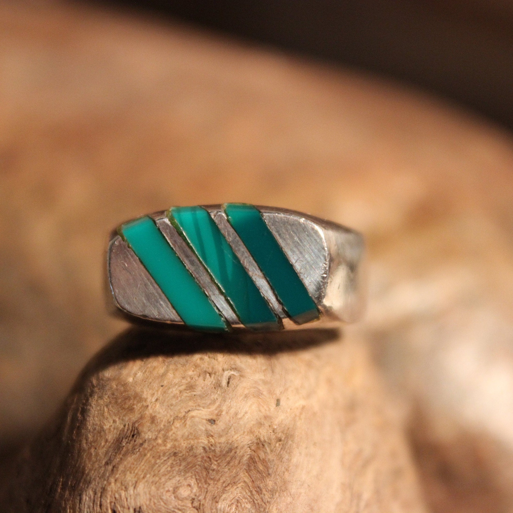 Sterling Mexico Large Green Malachite Mens Ring Heavy 16 Grams