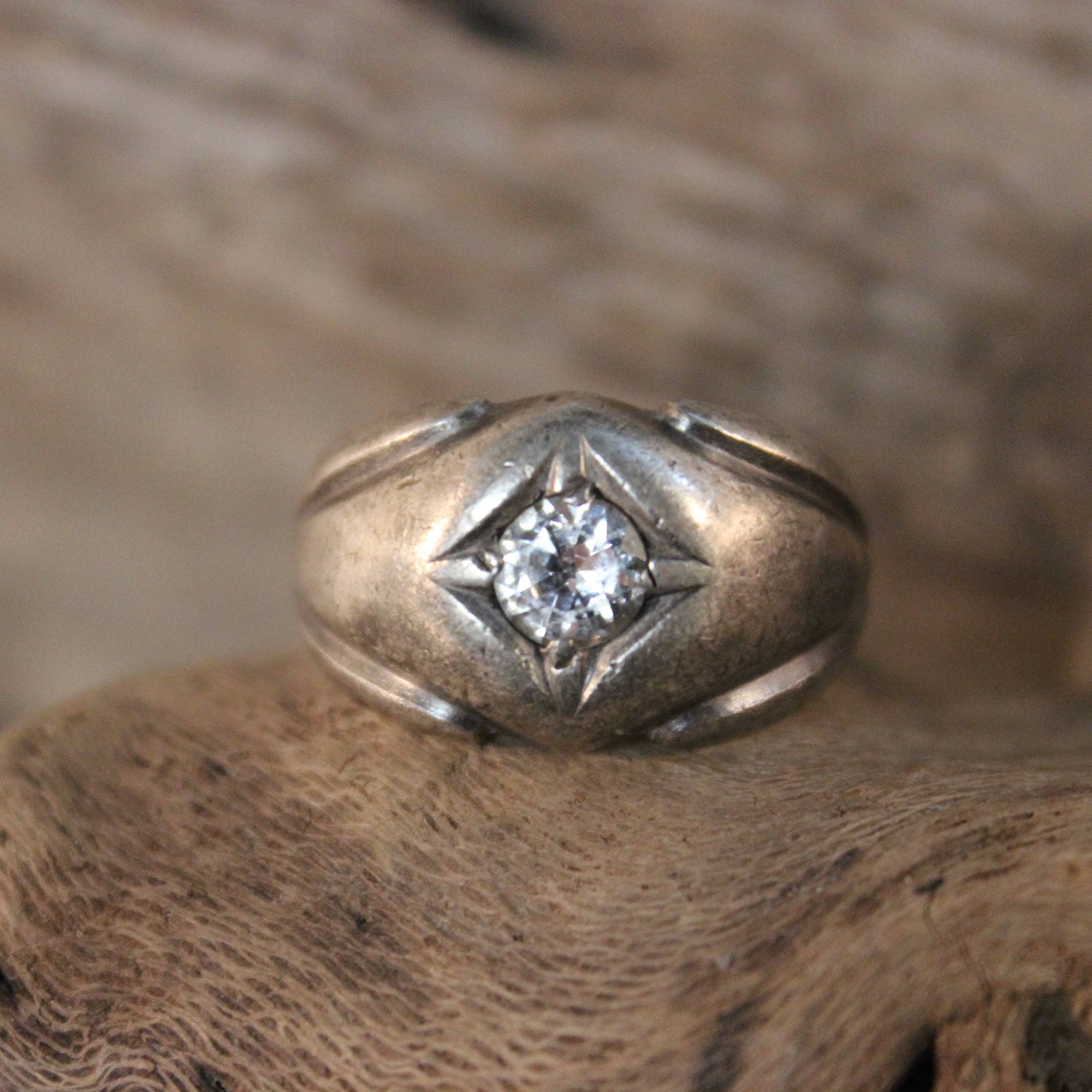 Vintage Mens Ring Large White Solitaire Ring Sterling Silver Ring 10