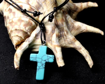 Small Turquoise Stone Cross PendantTurquoise Pendant Necklace Adjustable Leather Cord Turquoise pendant Handmade Religious Cross Christian