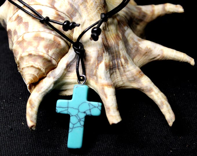 Small Turquoise Stone Cross PendantTurquoise Pendant Necklace Adjustable Leather Cord Turquoise pendant Handmade Religious Cross Christian