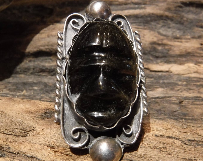 Carved Black Onyx Head Aztec Mask Sterling Silver Ring  11.6 Grams Vintage Sterling Silver Onyx Ring Size 6.5 large Silver Ring  Mexico 925