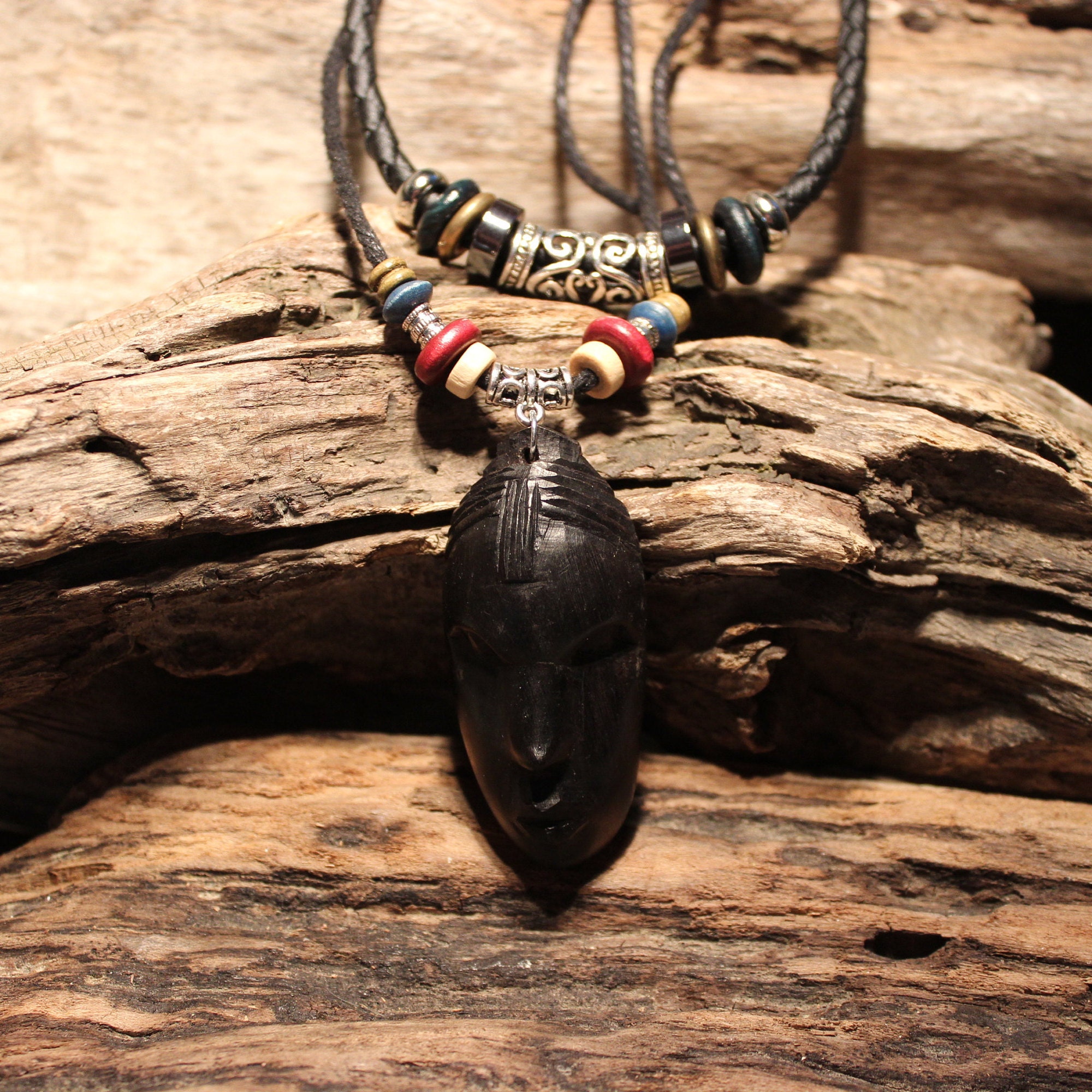 Vintage African Wood Pendant Ebony Large Ebony Pendant Leather Necklace