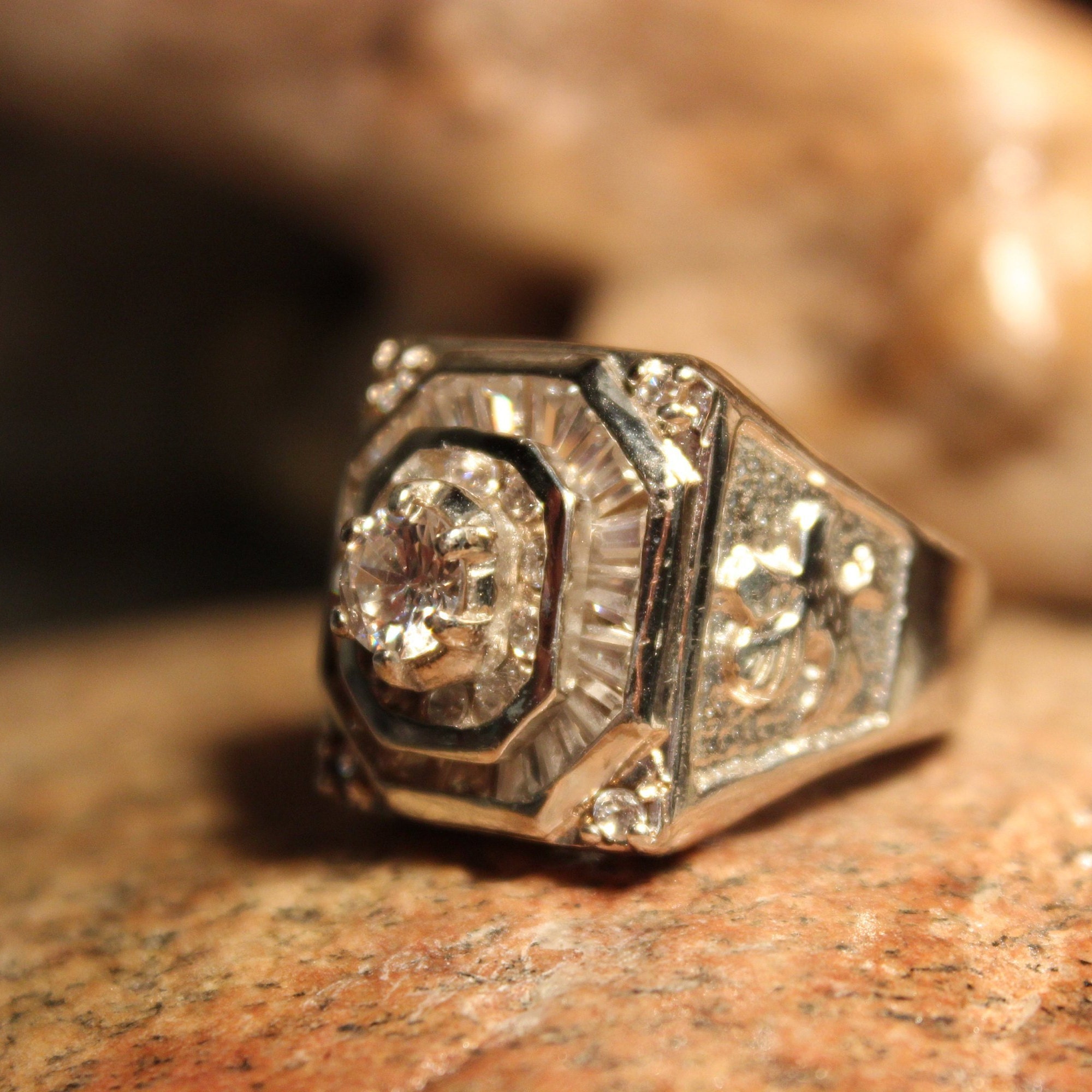 Vintage Mens Ring Cubic Zirconia Sterling Silver Ring Mens Eagle Ring