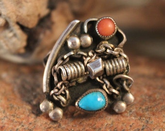 Vintage Navajo Sterling  Silver Turquoise Coral Ring Native American Hand Signed RTT 8.1 Grams  Size 9 Sterling Turquoise Ring Coral  Ring