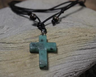 Small Natural Turquoise Stone Cross Turquoise Pendant Necklace Adjustable Leather Cord Turquoise pendant Handmade Religious Cross Christian