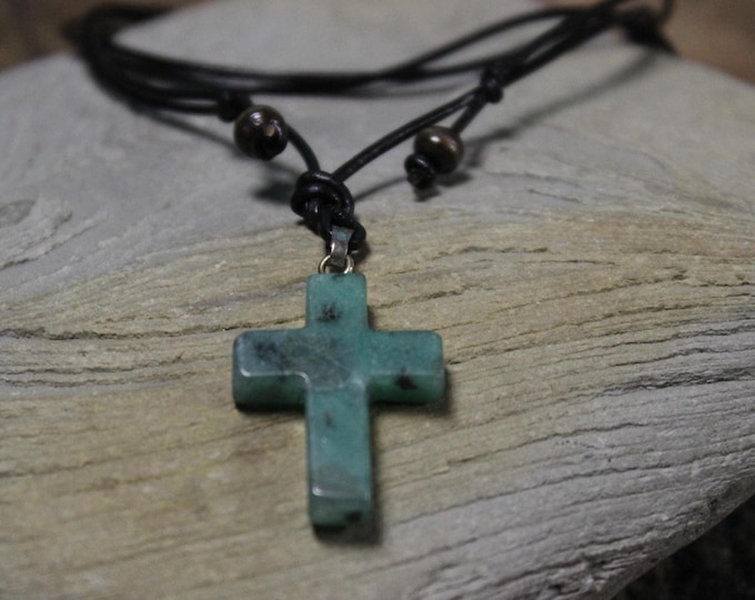 Small Natural Turquoise Stone Cross Turquoise Pendant Necklace Adjustable Leather Cord Turquoise pendant Handmade Religious Cross Christian