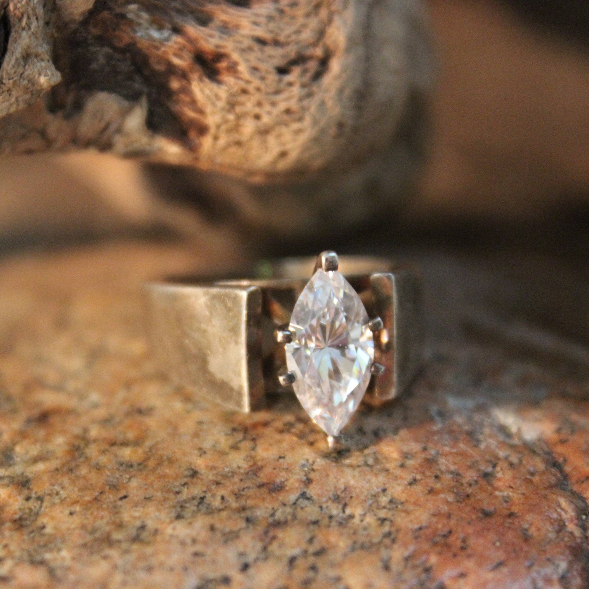 Vintage Ring Large Marquis Cubic Zirconia Solitaire Ring Sterling Ring