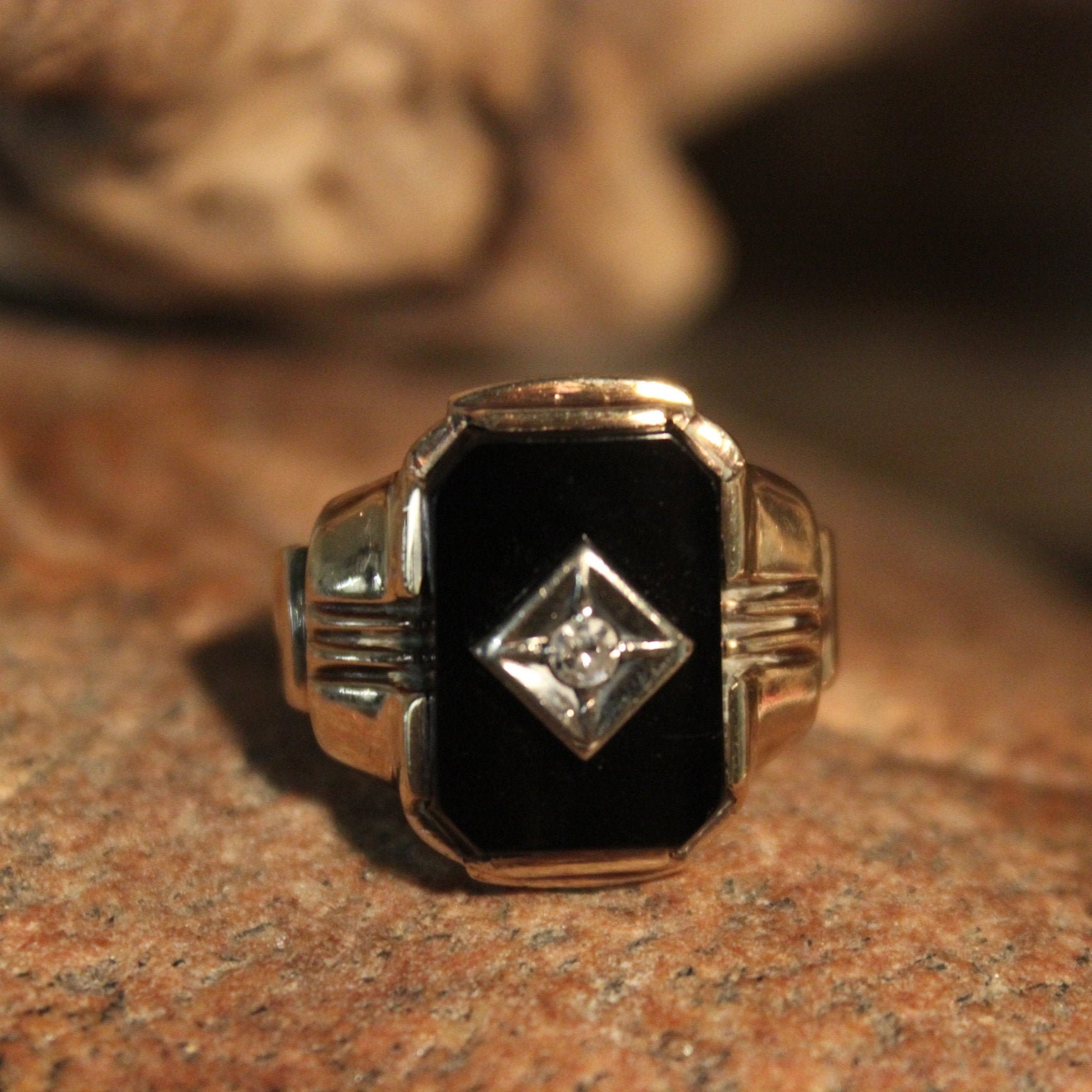 1930 s Vintage Mens Diamond Ring  Diamond Onyx Ring  10K  