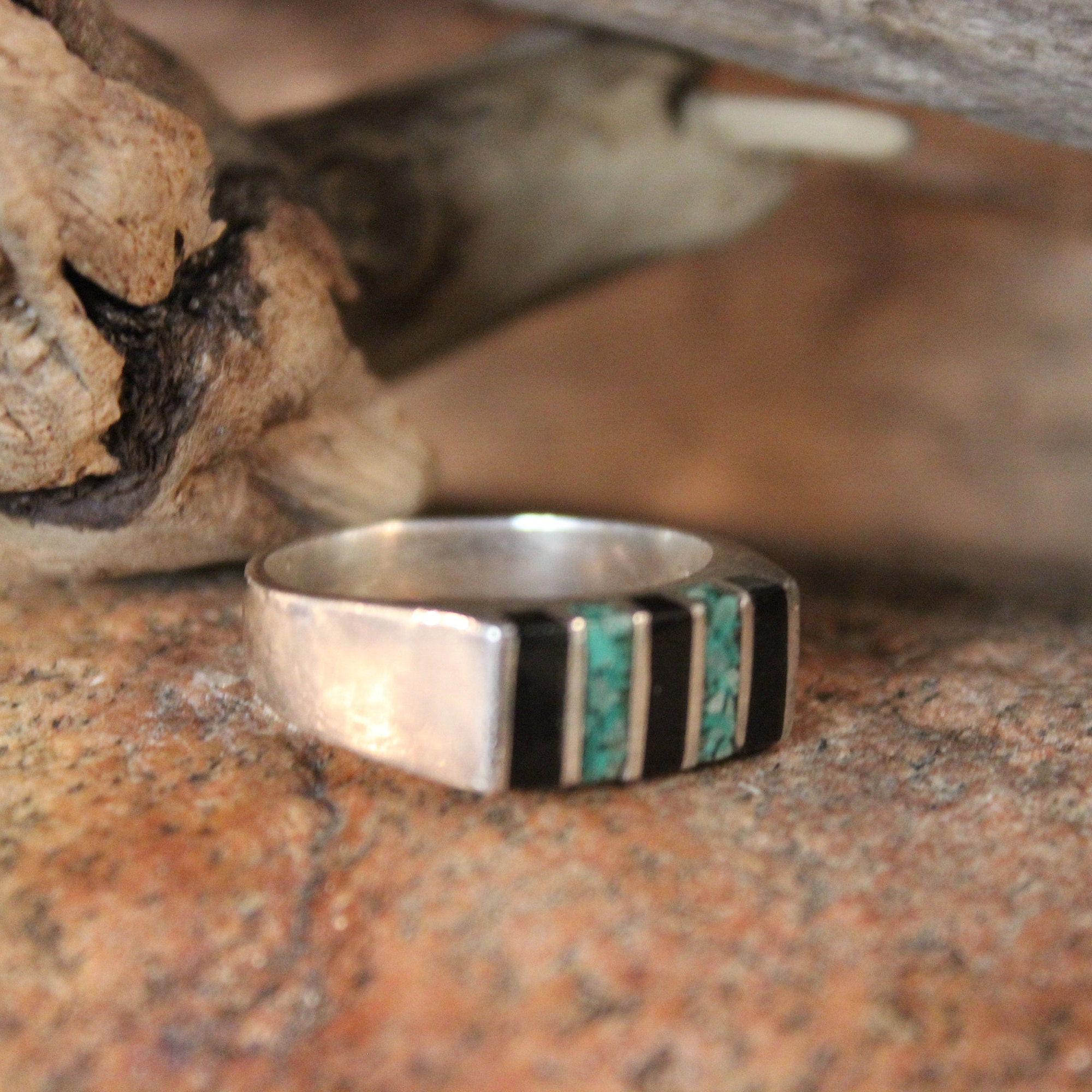 Vintage Mens Ring Mexico Sterling Silver Mens Turquoise Onyx Ring 9.2