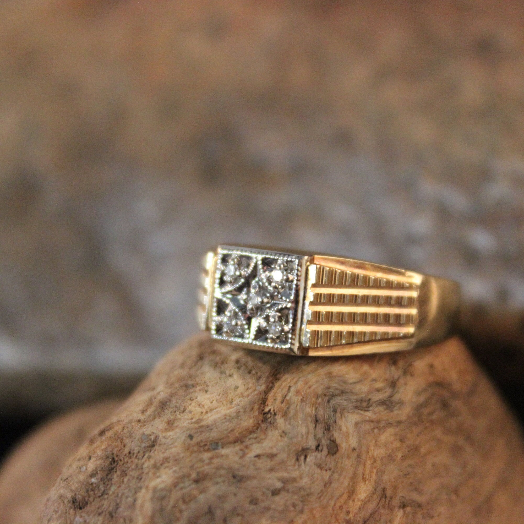 Mens Vintage Diamond Ring Mens 10K Solid Yellow Gold Ring 5 Diamonds 5.