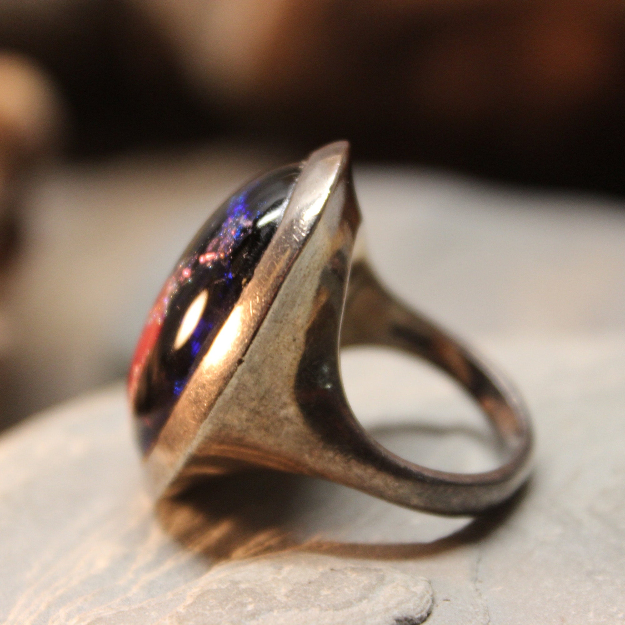 1970s Vintage Large Sterling Silver Ring Dichroic Glass Ring Size 6.5