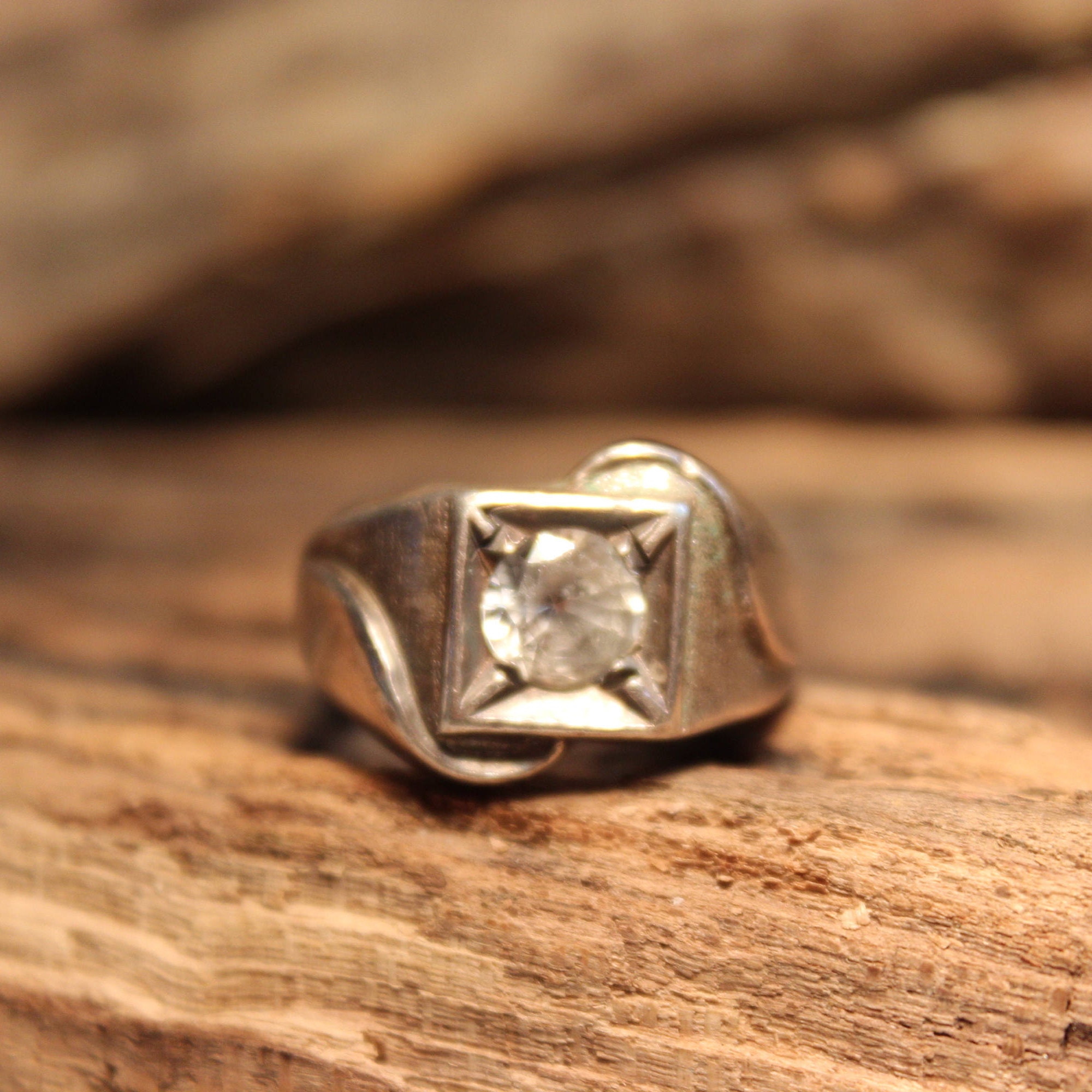 Vintage Mens Ring Cubic Solitaire Silver Ring 925 Sterling Makers Mark