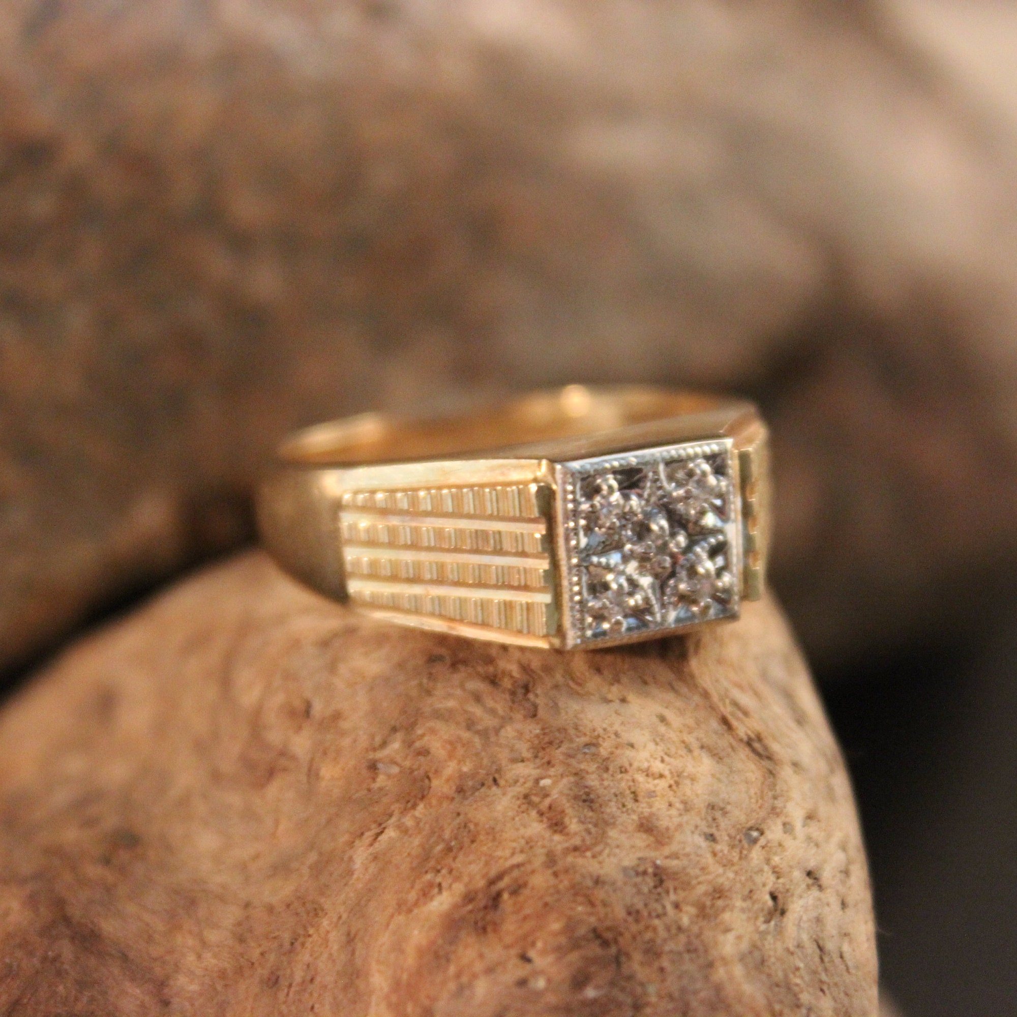 Mens Vintage Diamond Ring Mens 10K Solid Yellow Gold Ring 5 Diamonds 5. ...