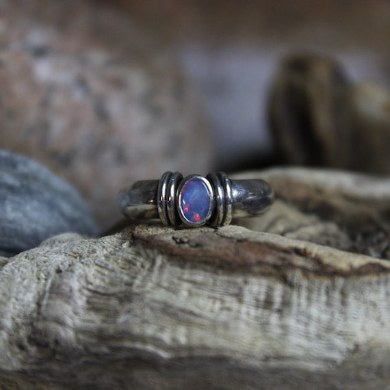 Vintage Sterling Silver Natural Black Opal Ring Vi