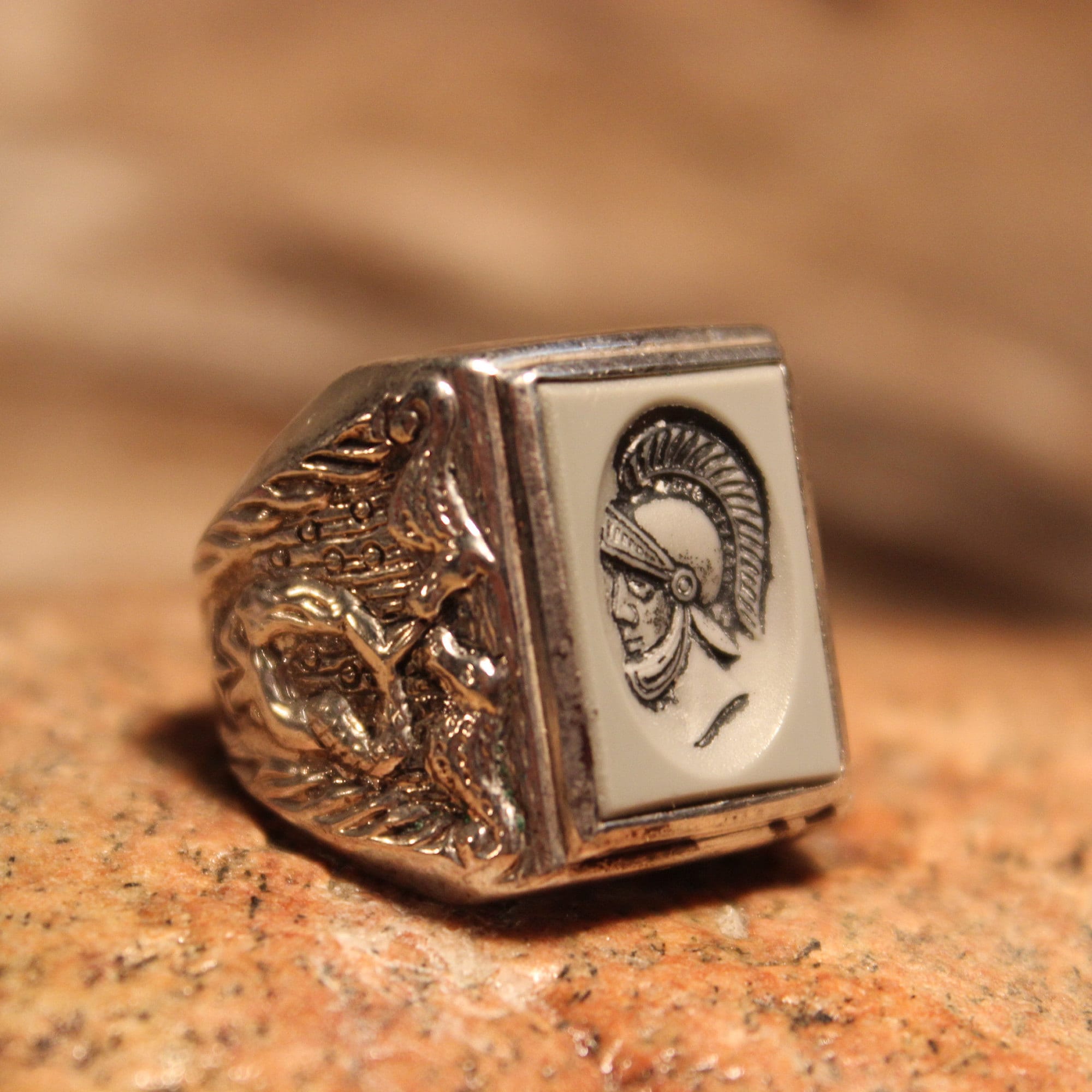 Vintage Mens Sterling Silver Intaglio Ring Roman Soldier & Mermaid Ring
