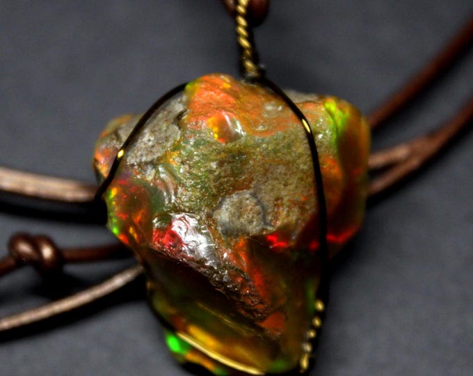 Large Natural Ethiopian Welo Fire Opal 46ct Welo Ethiopia Untreated Black Fire Opal Pendant Necklace Large Earth Mined Ethiopian Fire Opal
