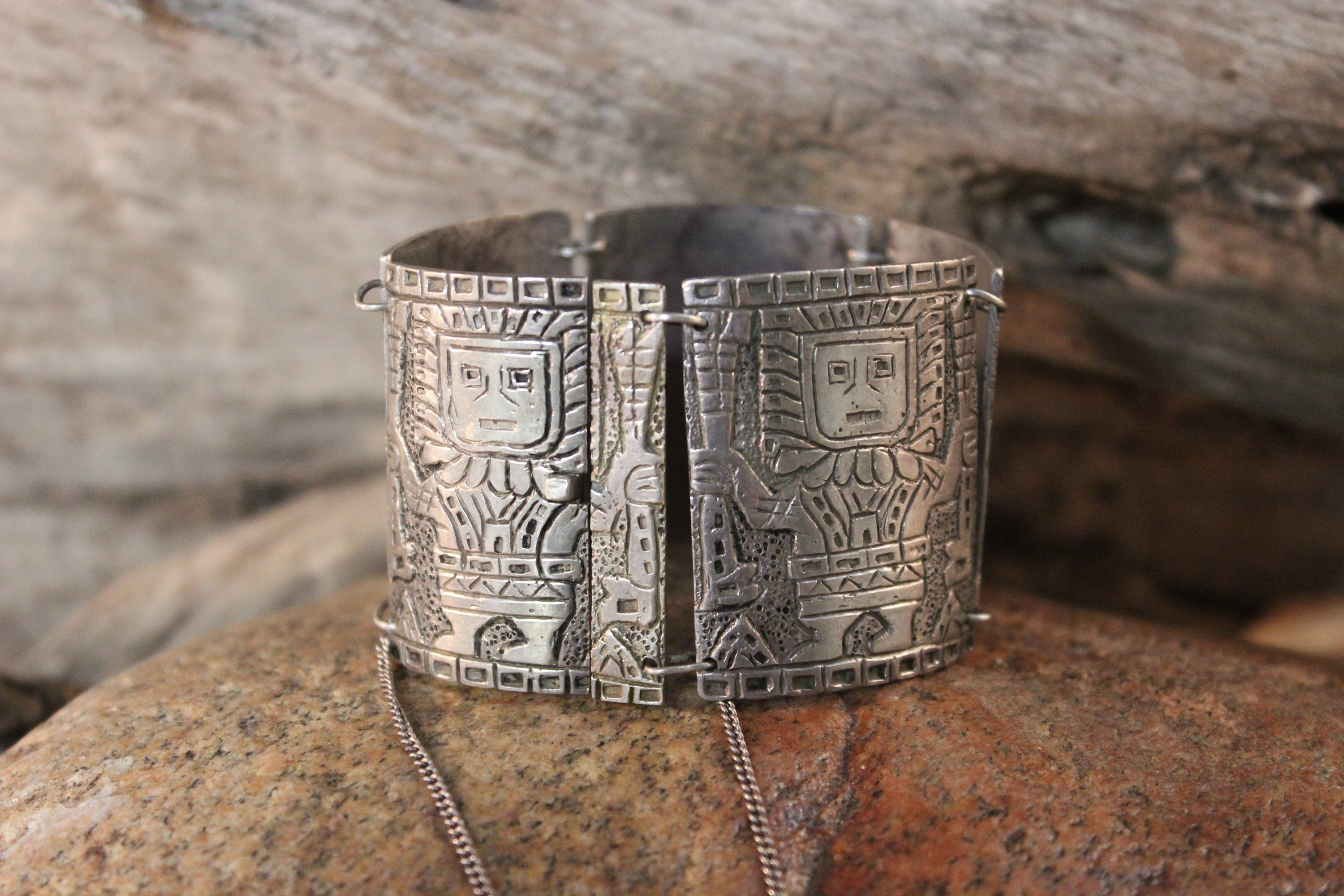 Vintage Heavy Peruvian Inca Sterling Silver Panel Bracelet Heavy 87.4 ...