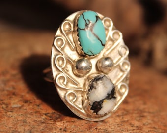 Vintage Silver Ring Large Turquoise Ring Sterling  Silver Navajo Native American 7.3 Grams Size 8.5 Sterling Silver Turquoise  Mens Ring