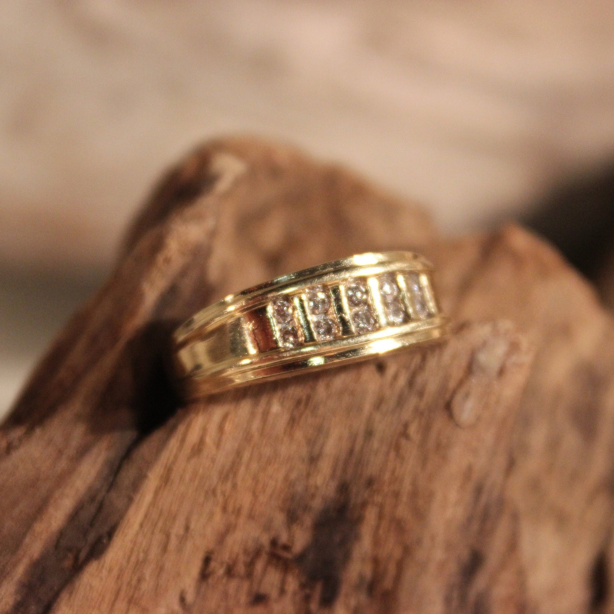 Mens Diamond Ring Mens 10K Solid Yellow Gold Ring 10 Diamonds 3.9 Grams