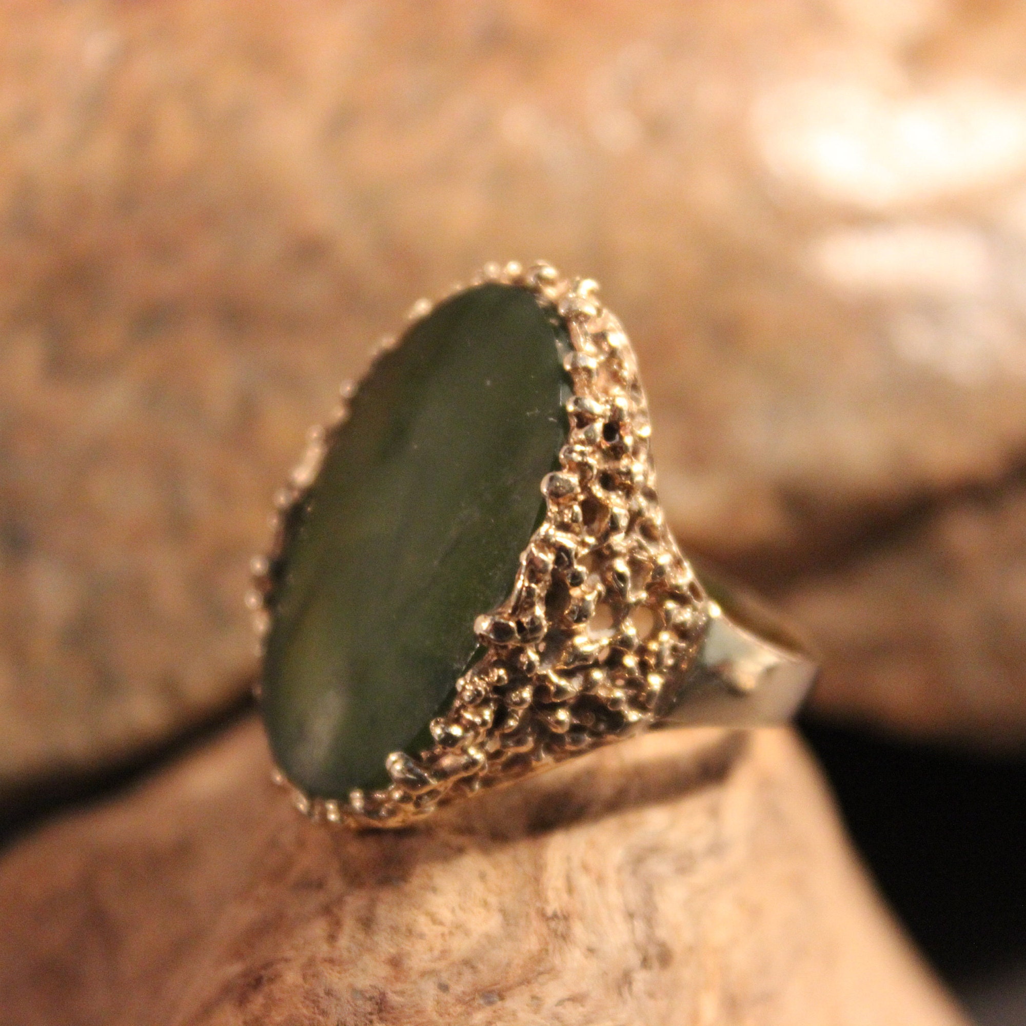 Vintage Large Mens Jade Gold Ring Green Jade Ring 10K Gold Mens Ring 10