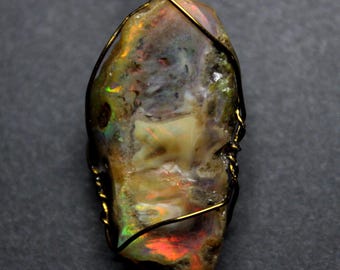 Large Natural Ethiopian Fire Opal 40.5ct Welo Ethiopian Untreated Fire Opal Pendant Adjustable Necklace Large Earth Mined Ethiopian Opal