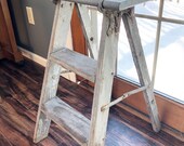 Vintage Wooden Step Ladder Gray Chippy Paint Rusty Plant Stand Farmhouse End Table Display Ladder Bedroom Side Table