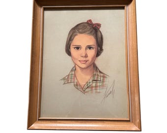 Vintage 60s Pastel Portrait School Girl Brown Short Hair Bow Plaid Blouse 15x19