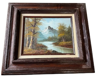 Vintage Framed Mountain Landscape Oil Painting River Autumn Trees Rustic 15x17"