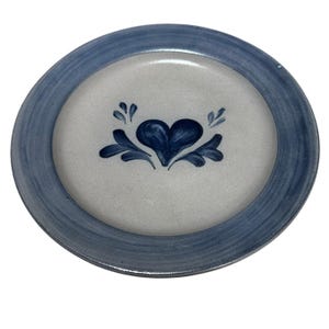 Rowe Pottery Works Vintage 10.5" Blue Heart Dinner Plate Cottage Core Primitive