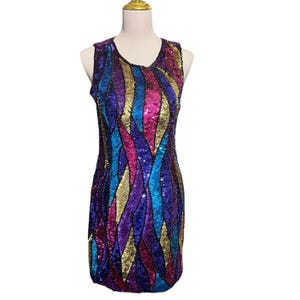 Vintage 1980s Sean Silk Sequined Cocktail Party Dress Size Small Pink Gold Blue