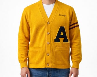Vintage Yellow Wool Varsity Sweater Cardigan Mens Size 46 TM Athletics Preppy