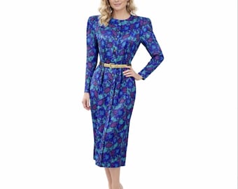 Vintage 80s Adrianna Papell 100% Silk Floral Dress Shoulder Pads Bodycon Fitted Size 6