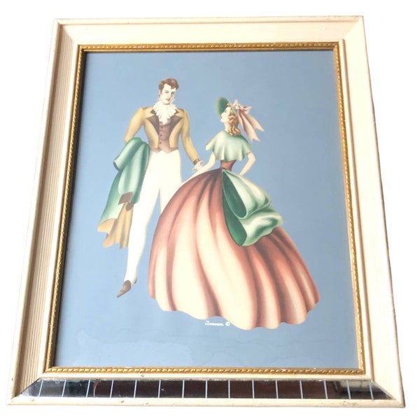 Mid Century Framed Turner Lithograph 1950s Courting Couple In Period Dress 16x19 inches