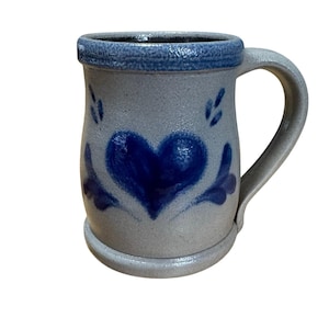 Vintage 2003 Rowe Pottery Works Blå Hjärtmugg Saltglaserad 473 ml Cottage Core