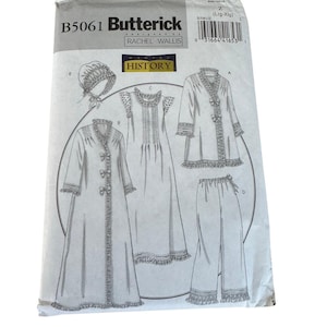 May include: A Butterick B5061 sewing pattern envelope featuring illustrations of a nightgown, robe, pants, and bonnet. The designs include lace trim, pintuck details, and ribbon closures. The text includes Butterick, Rachel Wallis, and Making History.