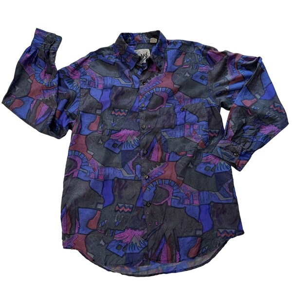 Vintage 90s Max B Silk Shirt Purple Pink Black Abstract Men Size Small Loose Fit