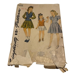 Vintage 1940s Simplicity Girls Dress Jerkin Sewing Pattern 4255 Size 10 Chest 28