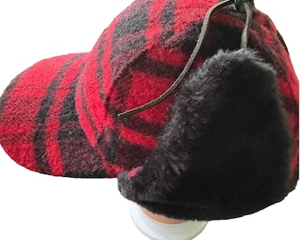 Vintage Buffalo Plaid Mens Wool Hunting Trapper Bomber Hat Ear Flaps Red Black Size Large