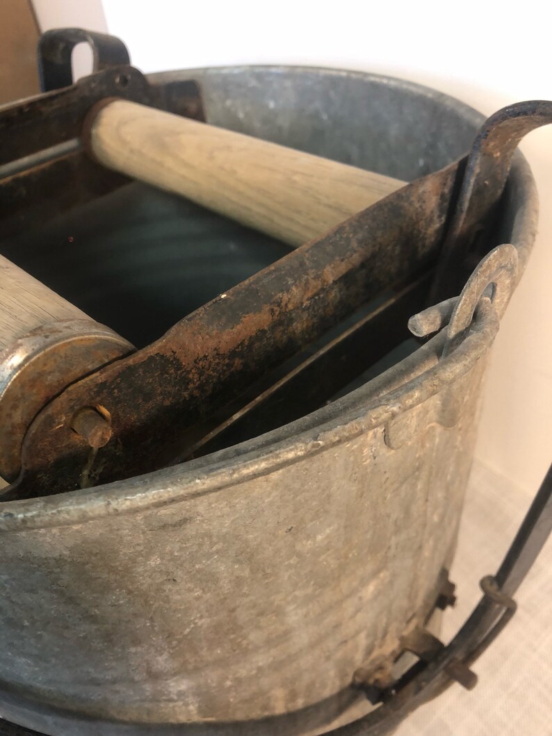 Mid Century Eagle #22 Mop Bucket Wood Rollers Foot Wringer Pedal Works Holds Water Galvanized Mop Pail Distressed Rusty Metal Spots