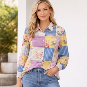 90s Floral Patchwork Print Blouse, Cottagecore Shirt, Size 14
