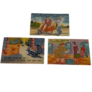 May include: Three vintage postcards with humorous illustrations. One shows a person in a wheelbarrow, another a skunk, and the third a woman with luggage. Each card has text, including "Experienced Sprayer Wanted" and "Yes, I find traveling so broadening!"